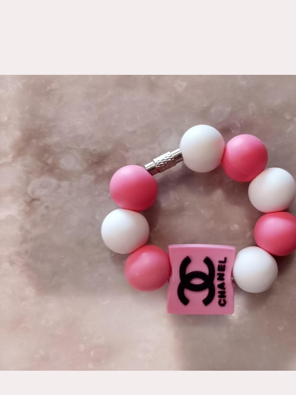 CHANEL Pink and White Beaded Kids Bracelet with Logo Charm